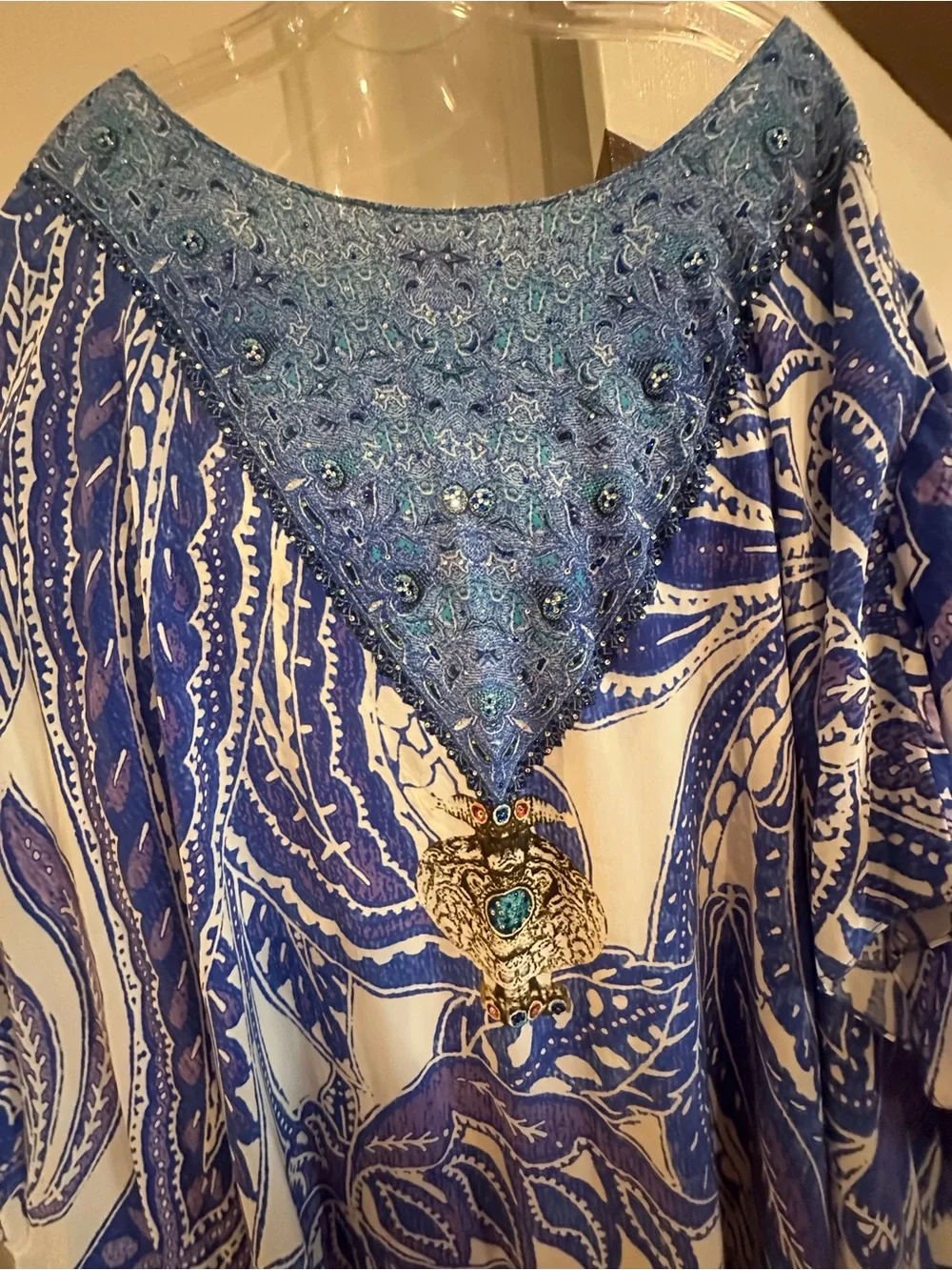 Camilla Blue Paisley kaftan 100% silk with Swarovski beads. Celebrity worn